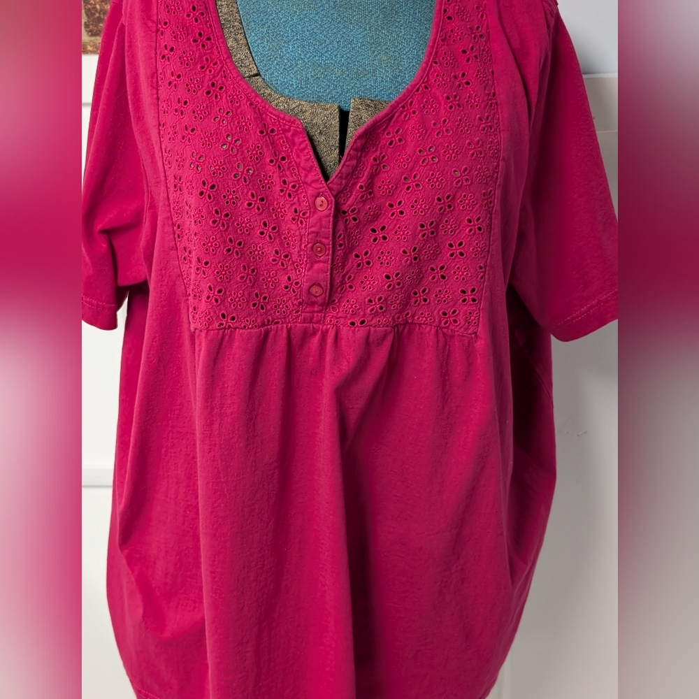 Easy Essentials Eyelet Yoke Red, Woman Plus Size 3X, 100% Cotton Tee - Picture 2 of 12